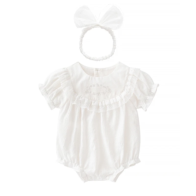 Summer Short Sleeve Lace White Baby Girl Bodysuits Cotton Jumpsuits Princess Girls Clothes
