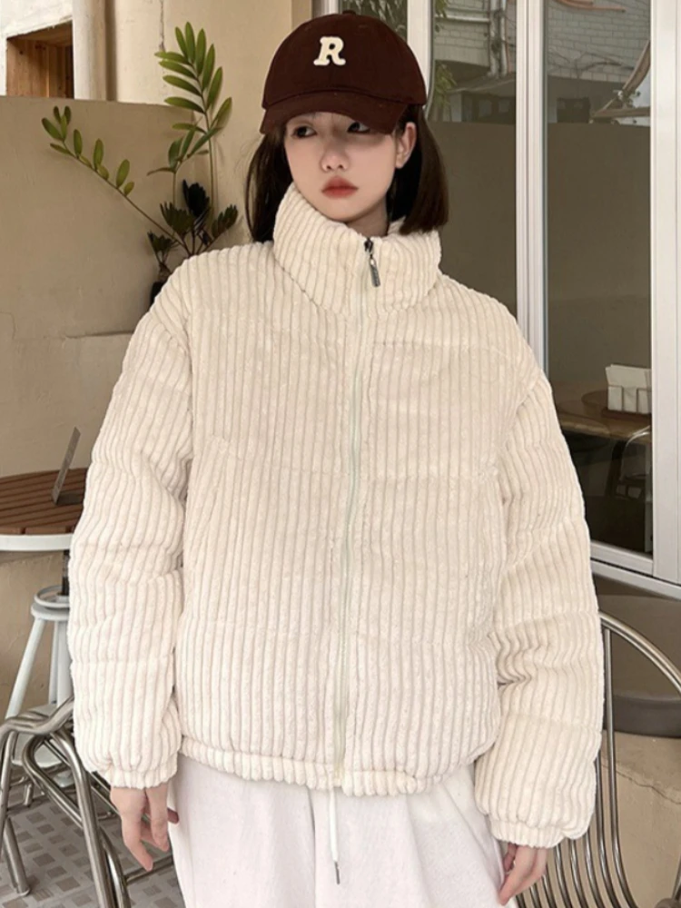 

Missuoo 2025 Winter New Coat for Women Solid Color Corduroy Stand Collar Ribbed Texture Zippered Outerwears for Girls