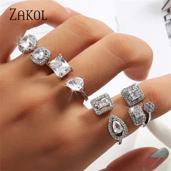 ZAKOL Shinny Geometric Square Crystal Open Rings Fashion Cubic Zirconia Engagement Ring for Women Wedding Jewelry