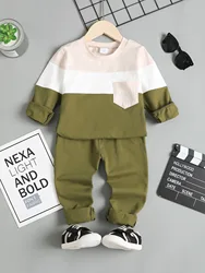 2PCS Kids Boy Clothes Set Pocket decoration Color block Long Sleeve Top+Pant Spring&Autumn Fashion Costume for Toddler 1-4 Years