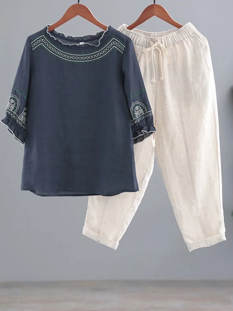 2 Piece Sets Women Casual Tops And Pants New Arrival 2022 Summer Simple Style Vintage Embroidery Loose Female Cotton Suits D209