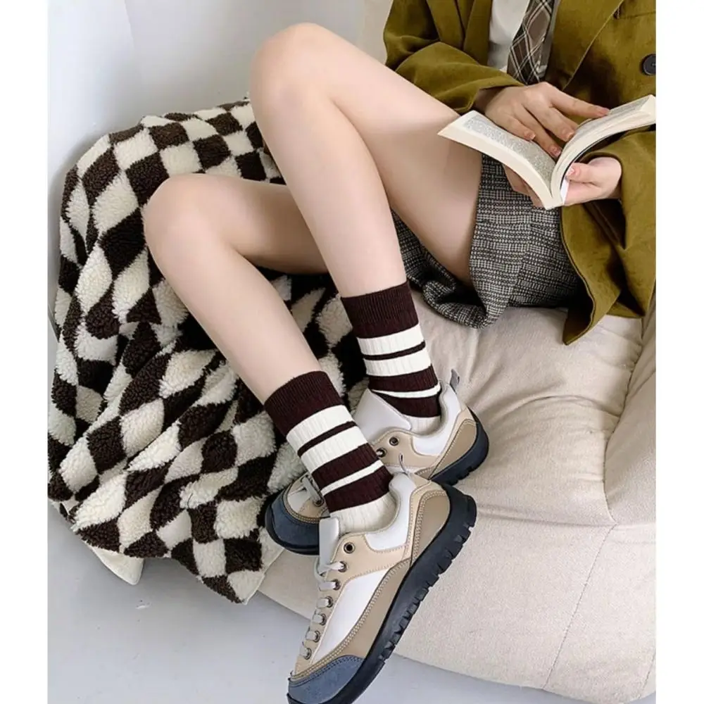 الرجعية القطن جوارب مخططة طبقة مزدوجة محبوك الأوسط جوارب أنبوبية سميكة النمط الياباني مترهل الجوارب للنساء الفتيات #5