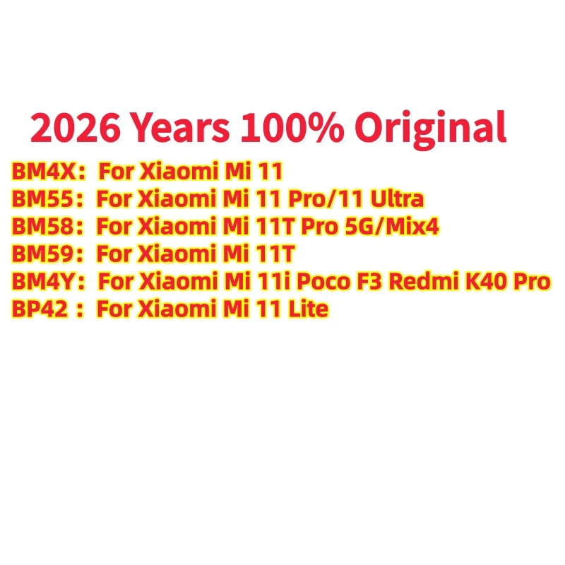 2026 Years 100% Original For Xiaomi Mi Mix4 11 11T 11i Poco F3 Redmi K40 Pro 5G Ultra Lite Batteries BM4X BM4Y BM55 BM58 BM59