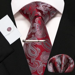 KAMBERFT New Classic Silk Men's Tie Red Gold Striped Men's Tie Handkerchief Cufflinks Set Wedding Business Party Gravatas