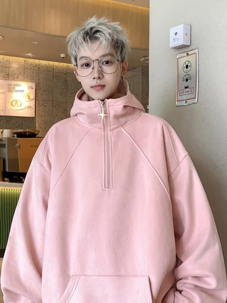 

Мужская замшевая толстовка на молнии с высоким воротником, свободного кроя, в американском ретро-стиле, повседневная верхняя одежда, осень 2024, новинка