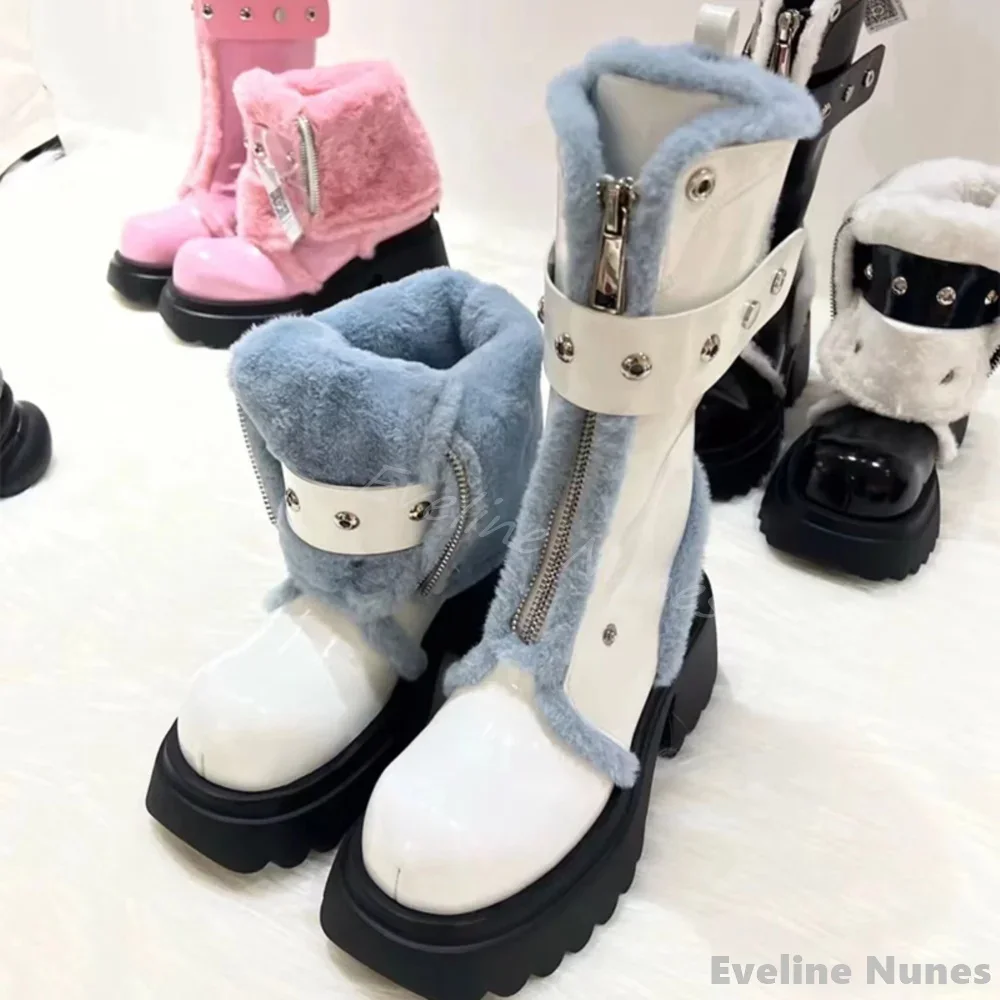 Fluff Platform Belt Buckle Snow Boots Women Round Toe Front Zipper Warm Anti Slip Boots 2024 Winter New British Style Long Boots