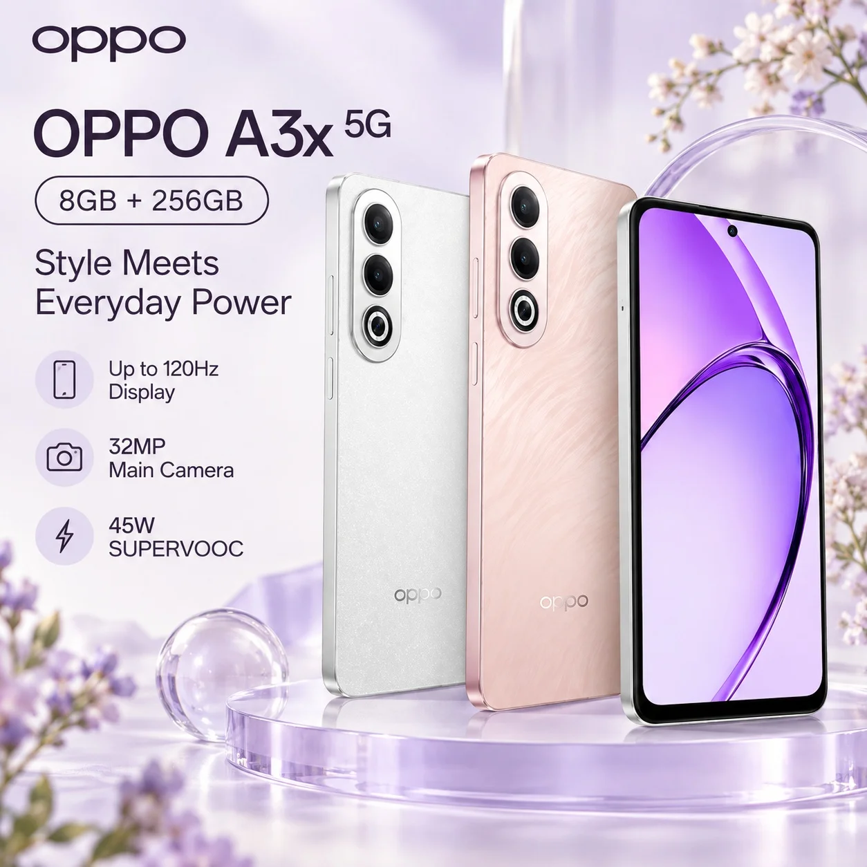 OPPO A3x 5G Smartphone 8GB+256GB, 7.68mm Slim Light Body 186g, Matte Comfort Grip, Long‑Lasting Battery, Triple Camera System