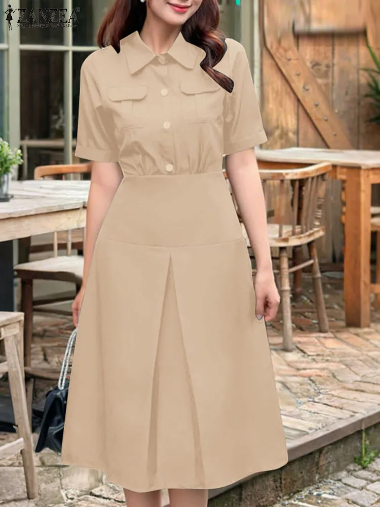 

ZANZEA Womens Street Fashion Midi Dresses Short Sleeve Pockets High Waist Collared Shirtdress Summer Work Wear Solid Vestidos