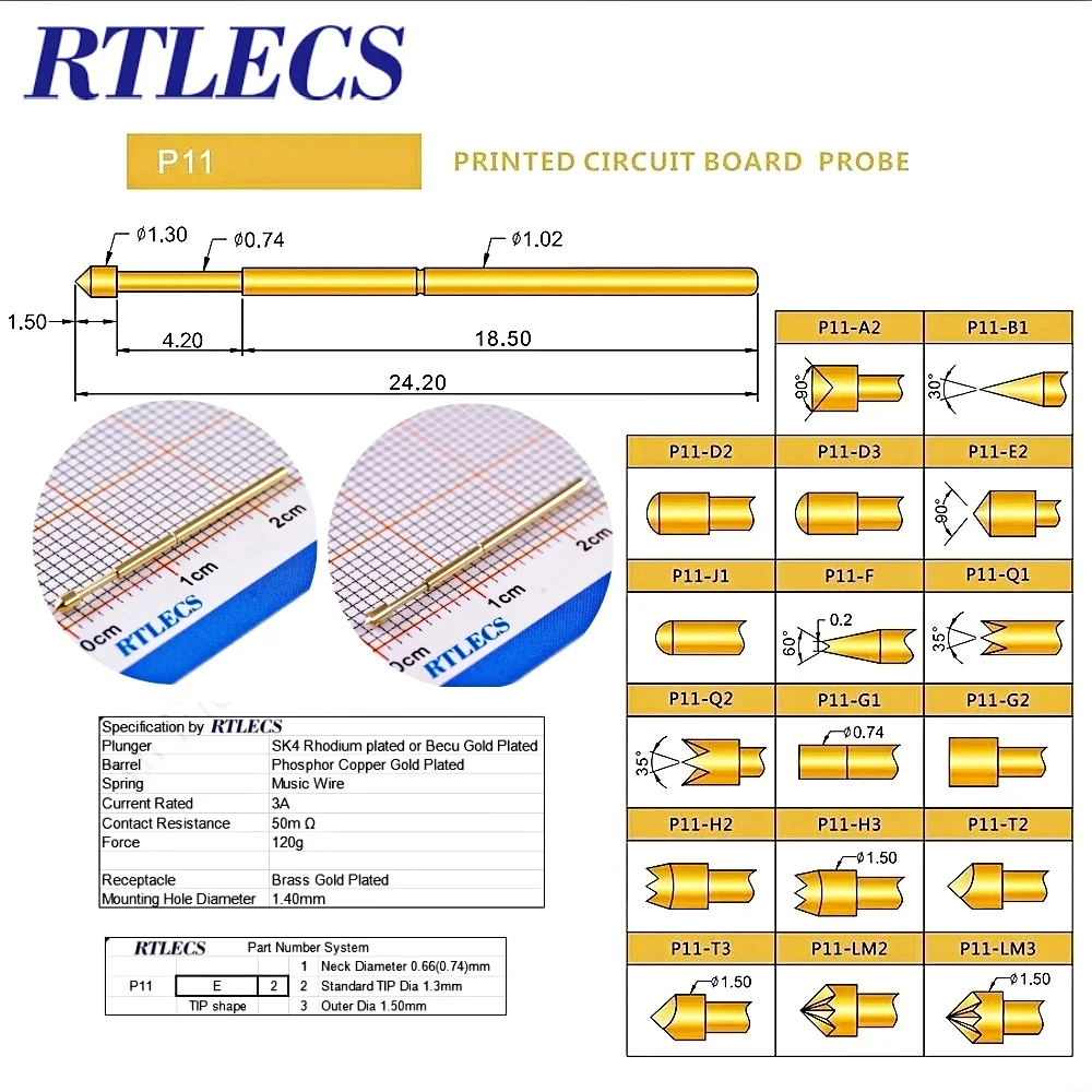 100Pcs Spring Loaded Bare 1.91mm Pitch Burning PCB Test Probe P11 R11 Series Pogo Pin Gold Plated Current Rated 1A DIA 1.02mm