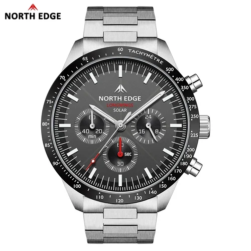 Imagen 2 del producto NORTH EDGE LONGWINGS Reloj de cuarzo para hombre Cronómetro con energía solar Resistente al agua 50 M 316 Reloj piloto luminoso de acero inoxidable completo
