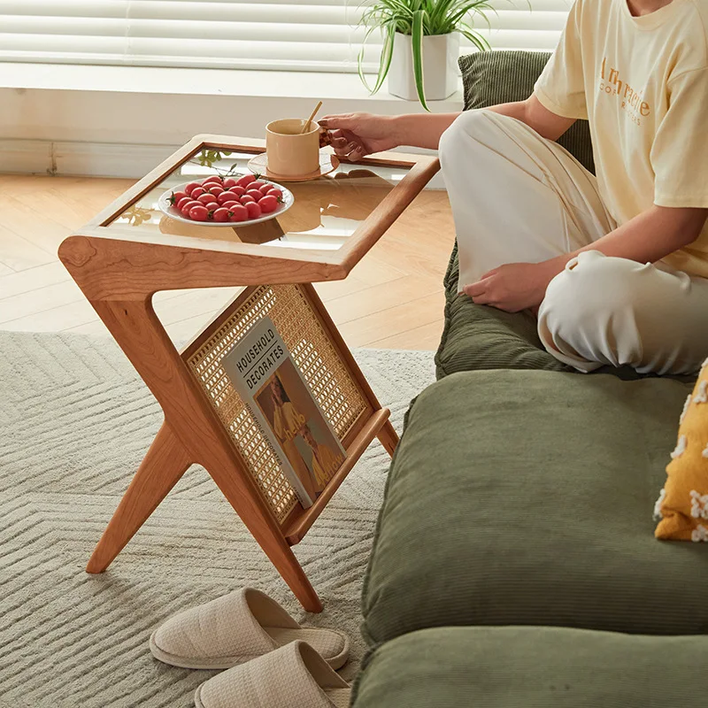 Solid wood side table movable cherry wood small table Japanese furniture rattan glass shelf