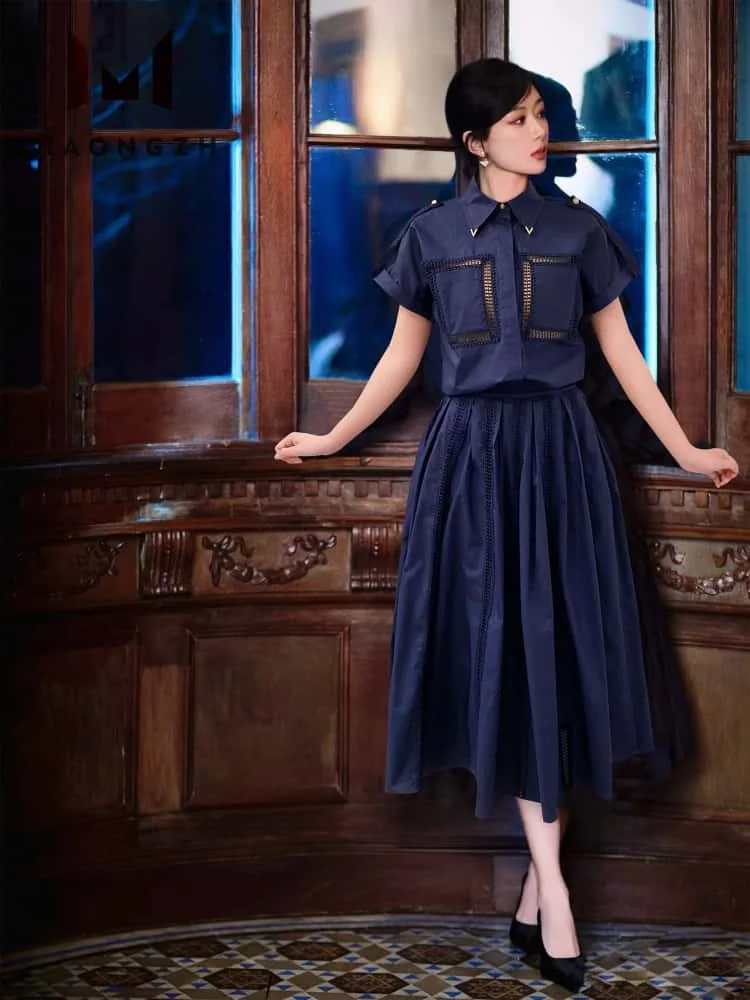 

Fashion Loose Two Piece Set Women's Lapel Short Sleeve Top Shirt High Waist Dig Swing Skirt 2025 Summer New Suit Female Clothing