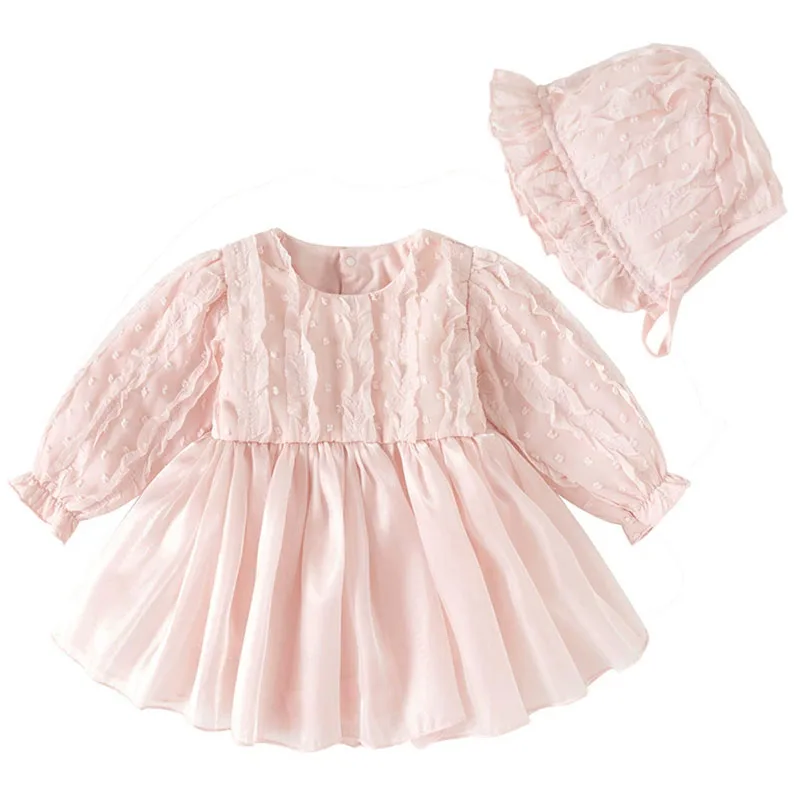 

2Piece Sets Spring Fall Infant Girl Clothes Korean Fashion Cute Pink Long Sleeve Mesh Princess Dress+Hat Baby Newborn Items B251