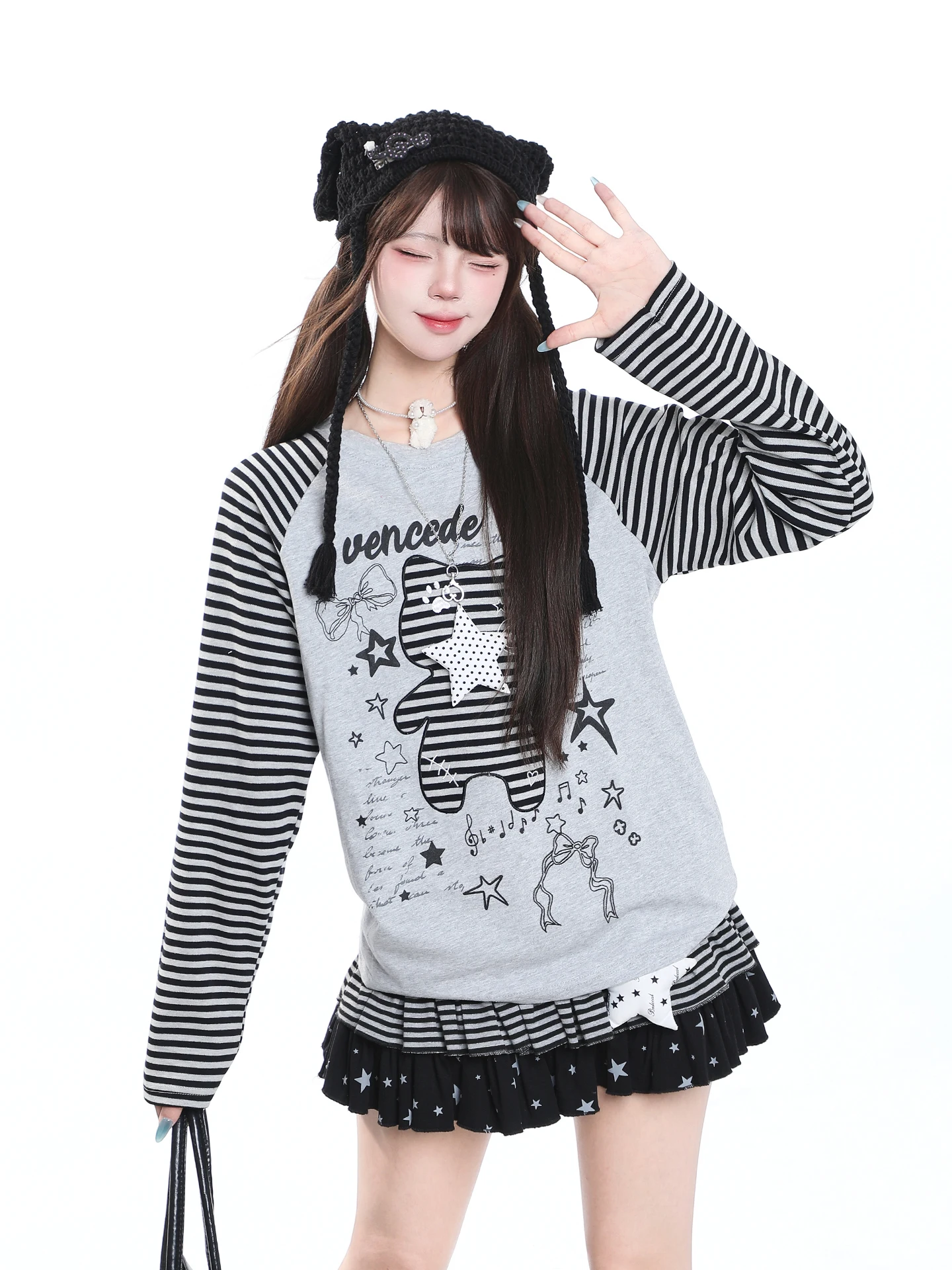 Loose Long Sleeve T-Shirt Women Autumn Design Sense Bear Patch Stripe Color Collision Casual Slim round Neck Top