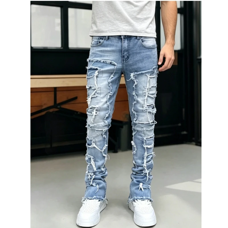 Men's Jeans European and American Style Heavy Industry High Street Fabric Ripped Rap Trendy Small Straight Pants