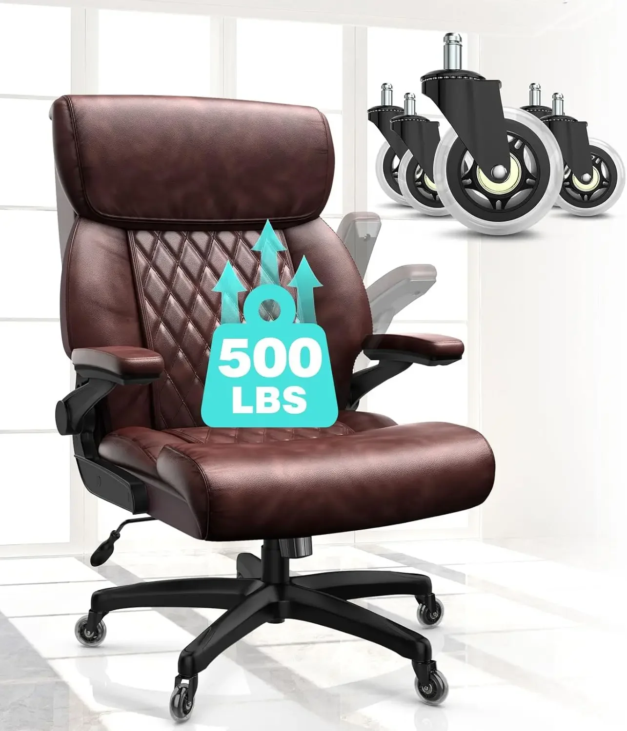 500lbsCapacityHighBackLargeExecutiveOfficeChair withFlip-up Armrests, High Back Computer Chair with Wide SeaBonded Leather Chair