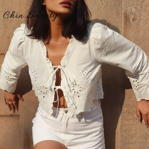 Imagen 2 del producto Camisas bordadas con cordones caladas elegantes para mujer, Top plisado de manga larga con cuello en V liso, camisa de calle alta para primavera y verano 2025