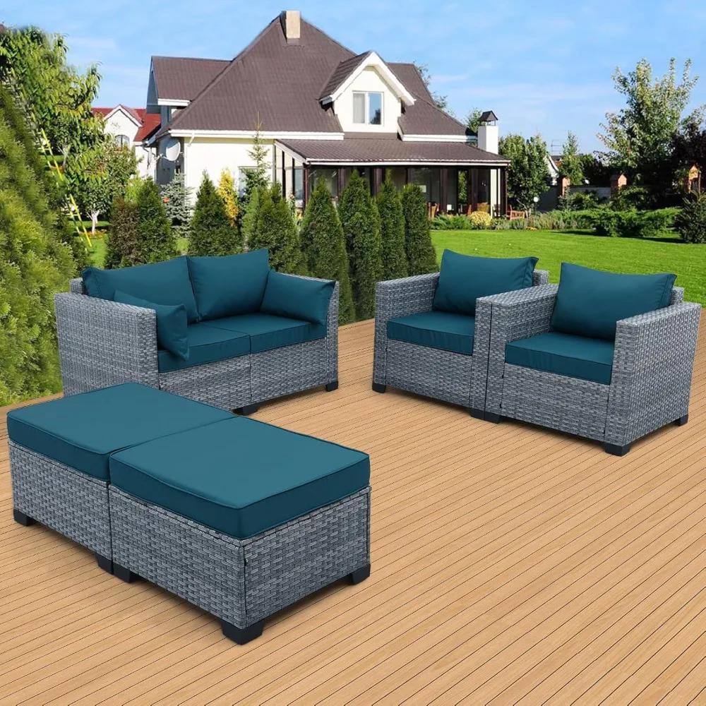 

5 Piece Patio Furniture Set, Outdoor Wicker Conversation Set with Ottomans, All-Weather PE Rattan Love Seat and Chair Set