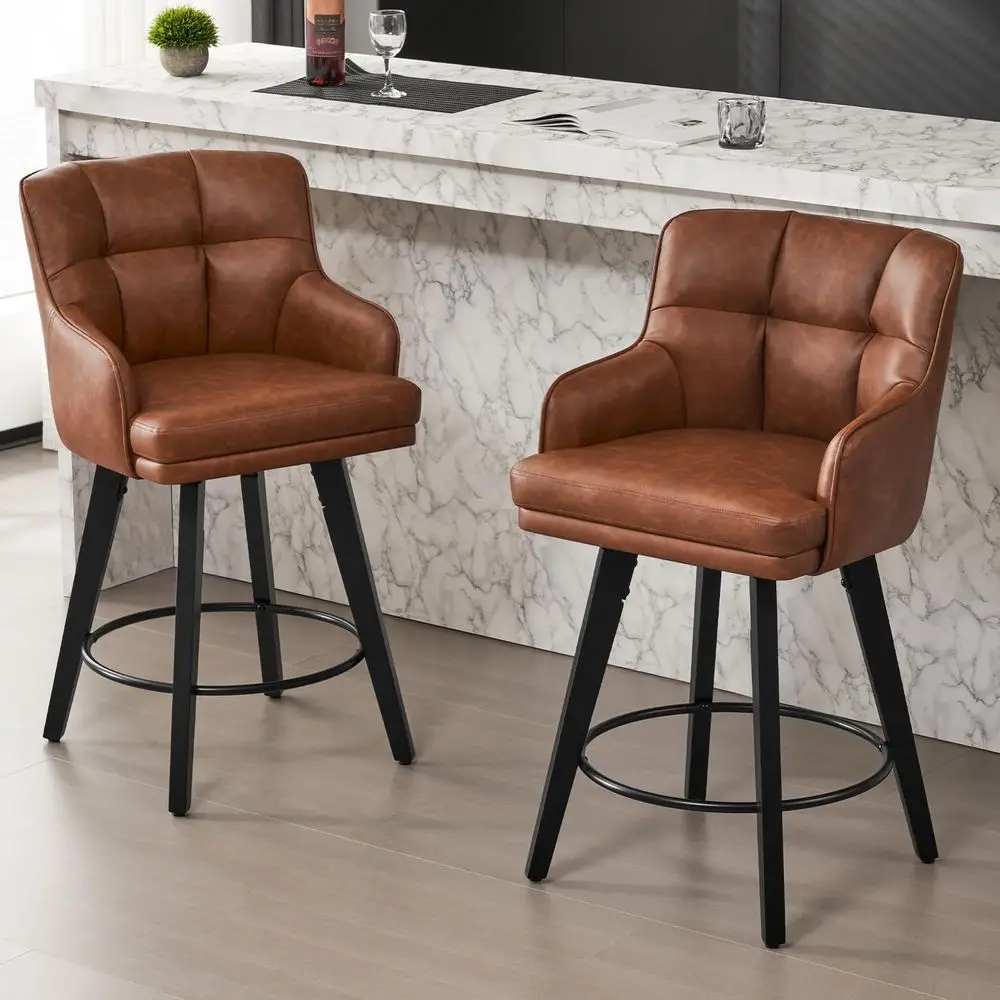 

360Swivel Counter Height Bar Stools with Back, 26 inch Solid Wood Legs, Bar Stool Modern Kitchen Island Chairs, Faux Leather Br