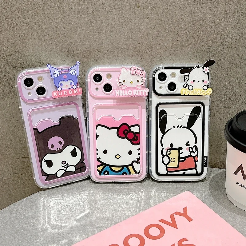 Cute Sanrio Hello Kitty Kuromi Pochacco Card Wallet Pocket Luminous Phone Case For iPhone 15 14 13 12 11 Pro Max Soft TPU Cover