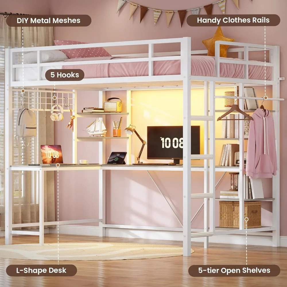 سرير علوي معدني مزدوج الحجم مع مكتب، وأرفف تخزين، وسكة ملابس، ومحطة شحن، وأضواء LED