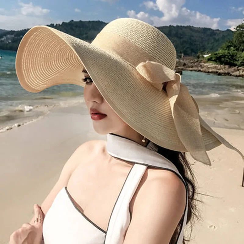 

Seaside vacation straw hat new women's large brim sun protection hat foldable bow beach hat UV protection hat