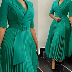 African Pleated Dresses for Women Summer Elegant African Half Sleeve V-neck Polyester Solid Color Dress Dashiki African Clothes