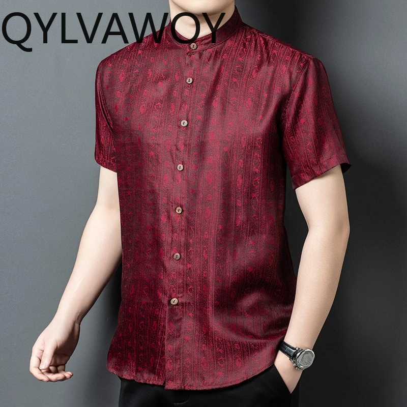 QYLVAWOY Men's Shirts Thin Mulberry Silk Summer Shirts Short Sleeve Xiangyunsha Tops Chinese Shirts for Men Ropa Hombre Retro