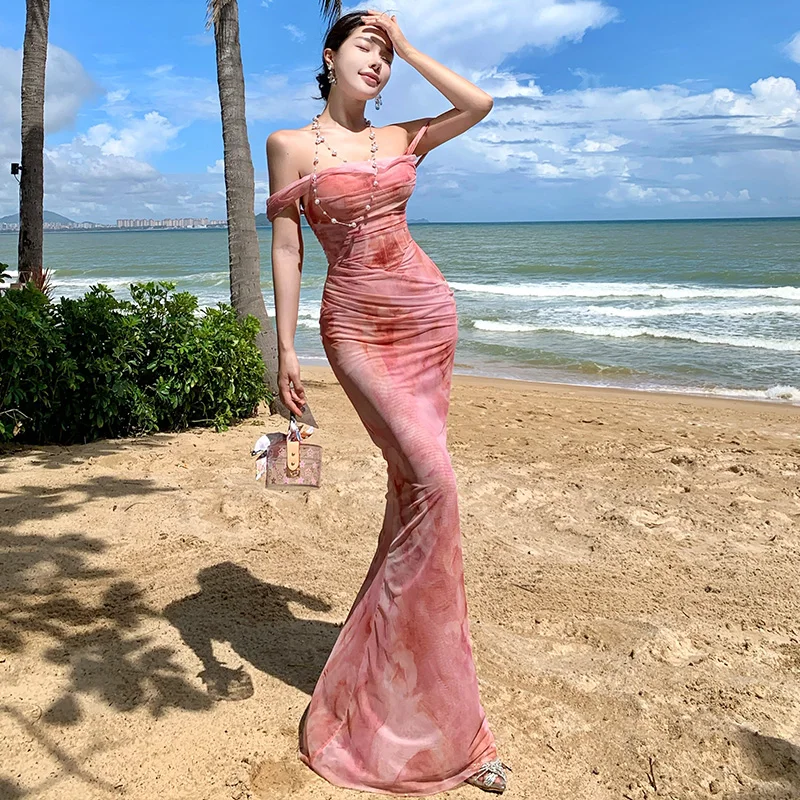 

Летнее французское винтажное элегантное длинное вечернее платье для женщин, с открытыми плечами, без спинки, облегающее, на тонких бретелях, для пляжного отдыха