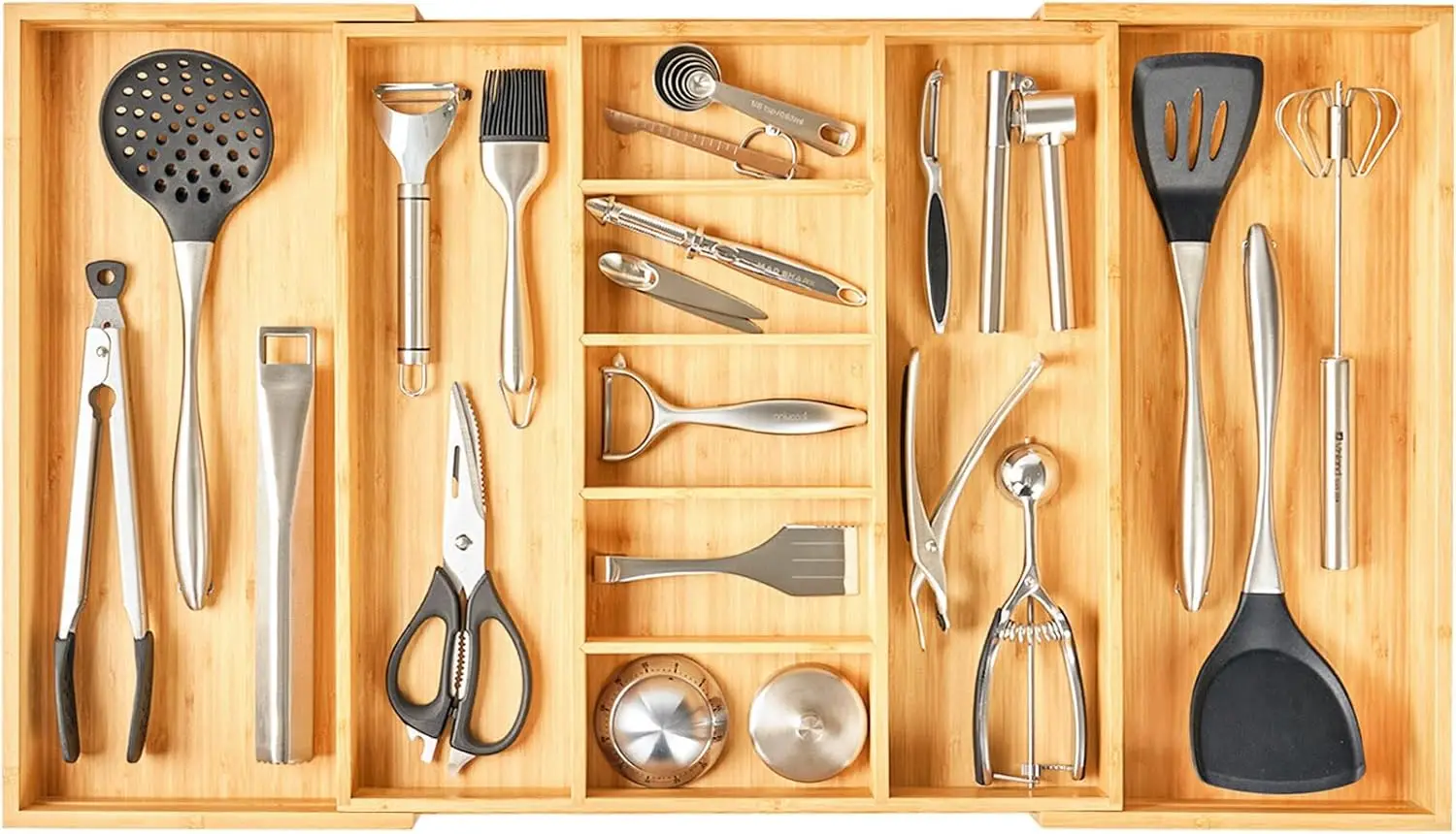 

Large Expandable Bamboo Drawer Organizer for Utensils, Adjustable 19-33" Width, Deep Storage Tray