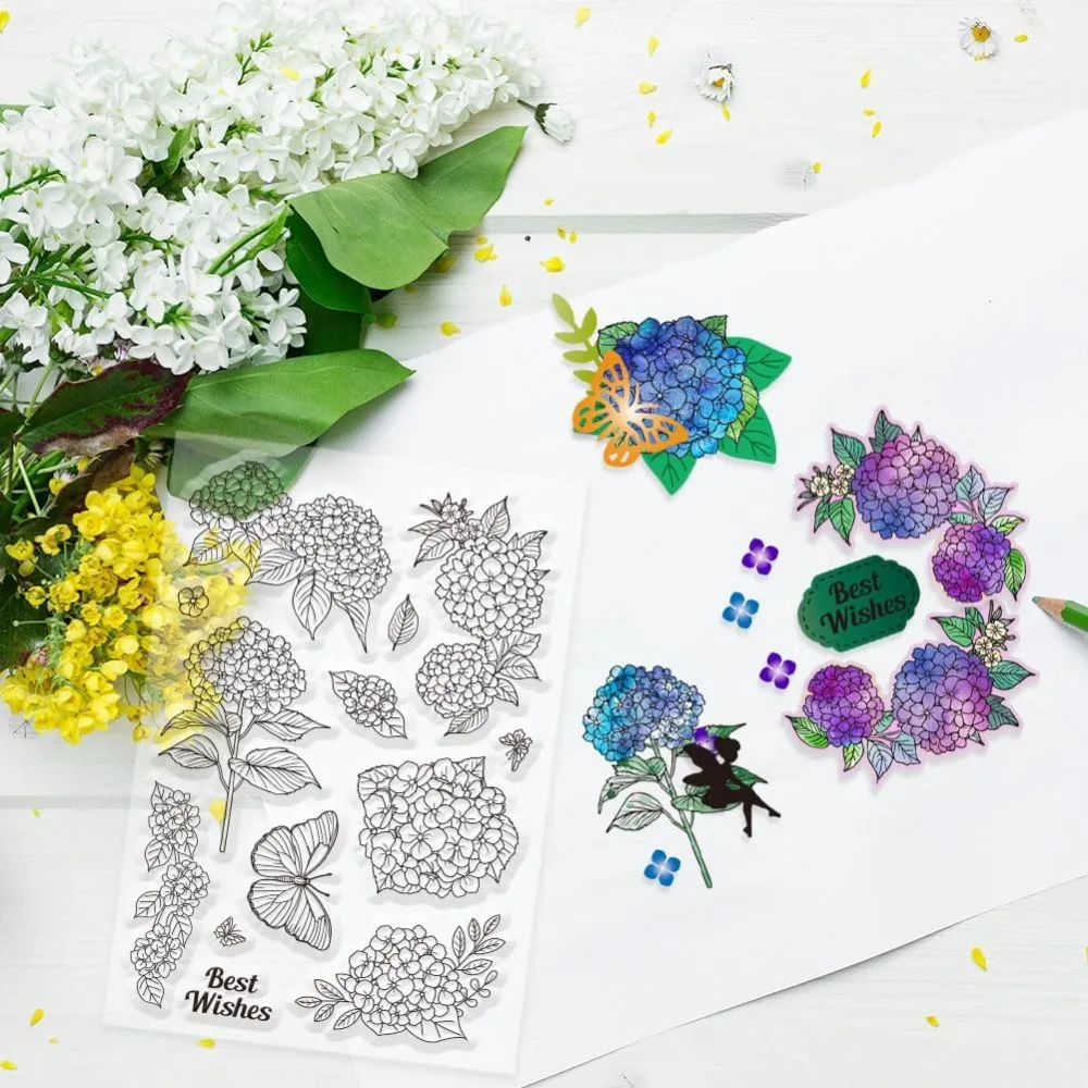 Hydrangea Stamps Flowers Butterfly Clear Stamp Seals Transparent Stamps for DIY Scrapbooking Cards Photo Album Journal