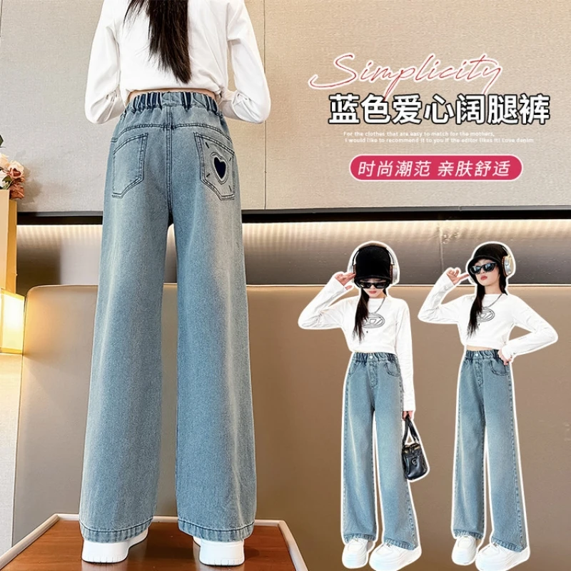 

Girls' New Arrival Denim Pants, Back Pocket Embroidered Denim Straight-leg Pants, Light Blue Denim Long Pants, Children's Pants
