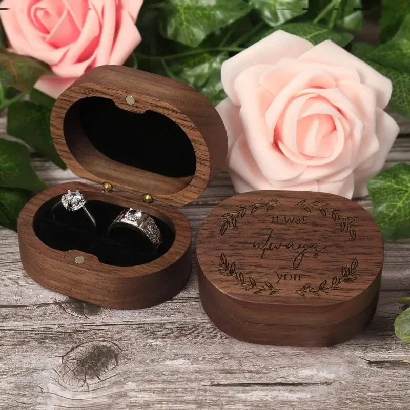 1PCS Free Engraved Oval Ring Wooden Box Personalized Double Slot Ring Bearer Proposal Holder Box For Wedding Bridal Gift For Her