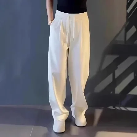 2025 Summer New Fashion American Men's Solid Color Drawstring Casual Trendy Loose Wide Leg Straight Trousers Male Pants Clothes