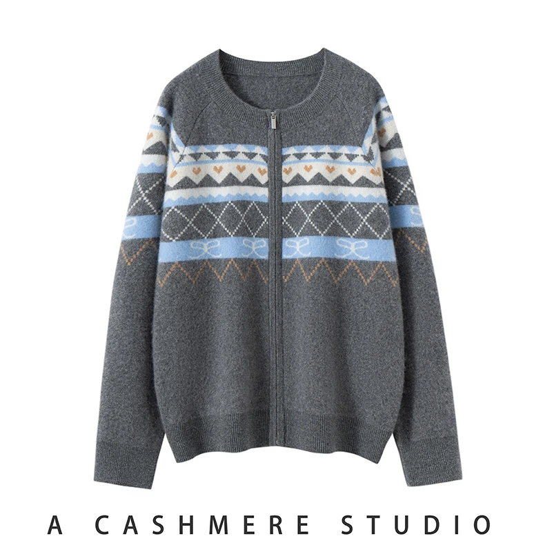 

2025 Autumn Winter Women 100% Cashmere Cardigan Round Collar Casual Loose Jacquard Sweater Thick Cashmere Knitwear For Female