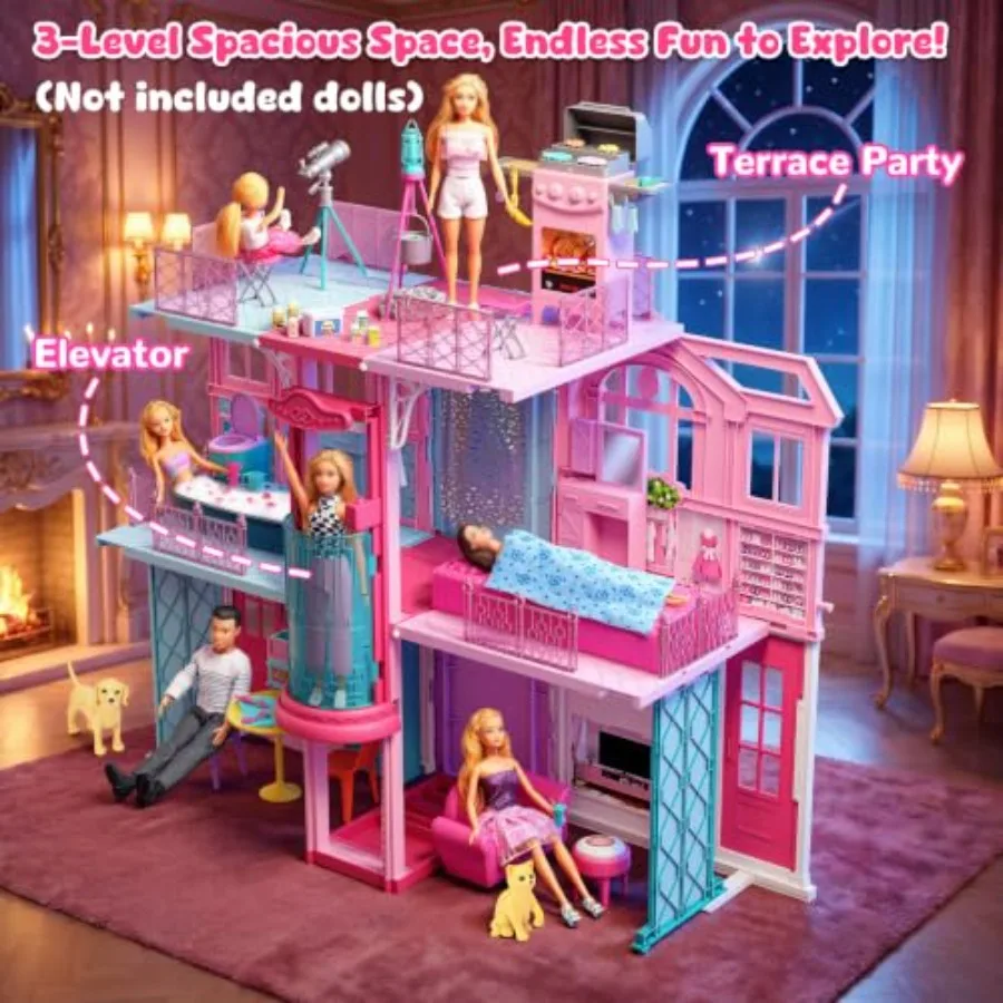 Foldable 3-Story Dollhouse w/Elevator 5 Rooms for Indoor Play Wooden-Style Plastic, Pastel Pink, Includes 60+ Accessories Furni