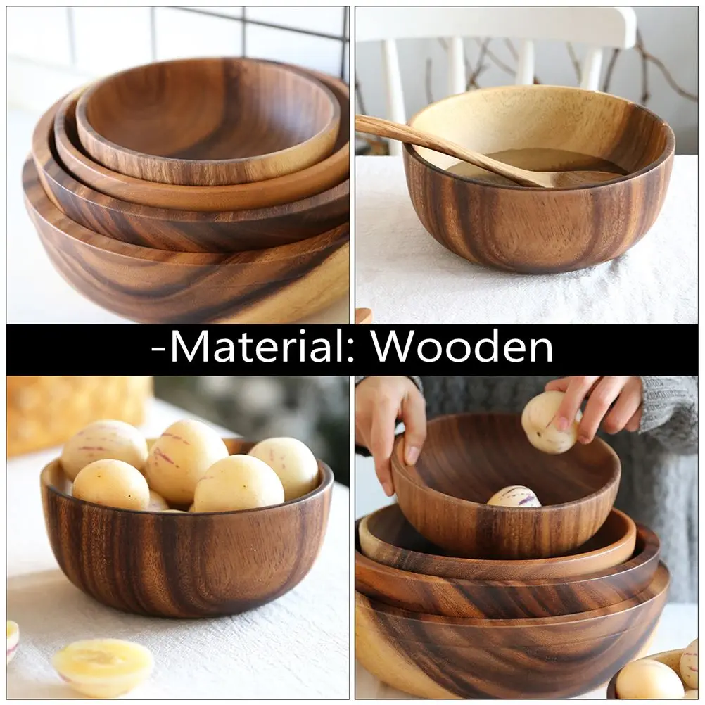 

Wooden Tableware Fruit Plate Dessert Bowls Rice Holder Salad Snack Japanese Style Soup Decorative Round Candy Dish
