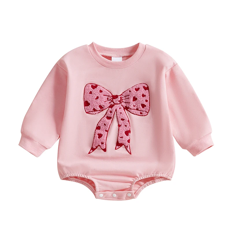 

Baby Girl Valentines Outfit Pink Heart Embroidered Sweatshirt Romper Long Sleeve Bodysuit Jumpsuit Cute Fall Clothes