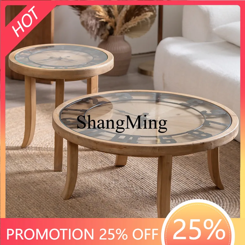 

SM antique coffee shop solid wood coffee table household living room tea room decoration clock round table