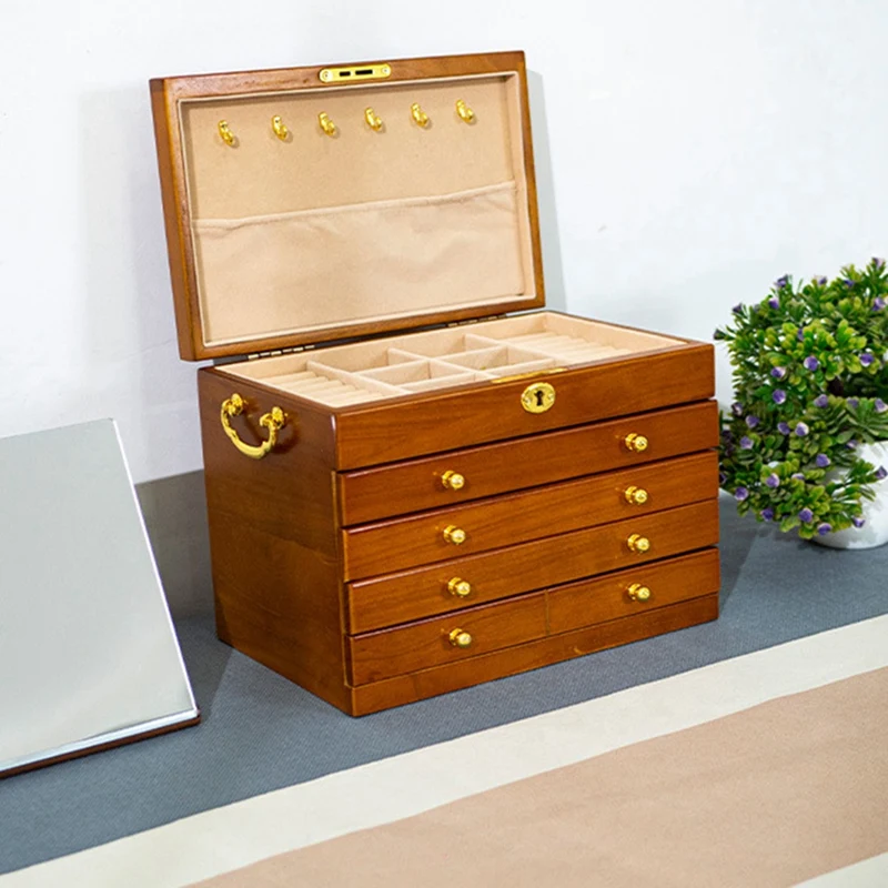 Vintage Style Wooden Jewelry Box Four Layers Jewelry Storage Box with Lock for Jewelry Ring Necklace-AT35