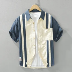 Striped Patchwork Short Sleeve Shirt for Men Turn-down Collar Casual Shirts Male Loose Fashion Clothing