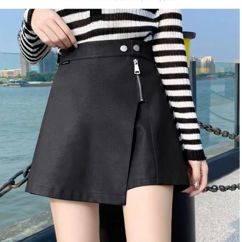 Einfachheit Mode Herbst Neue Frauen Solide Zipper Taste Unregelmäßigen Koreanische Beiläufige Hohe Taille Schlank A-line PU Leder Shorts Röcke