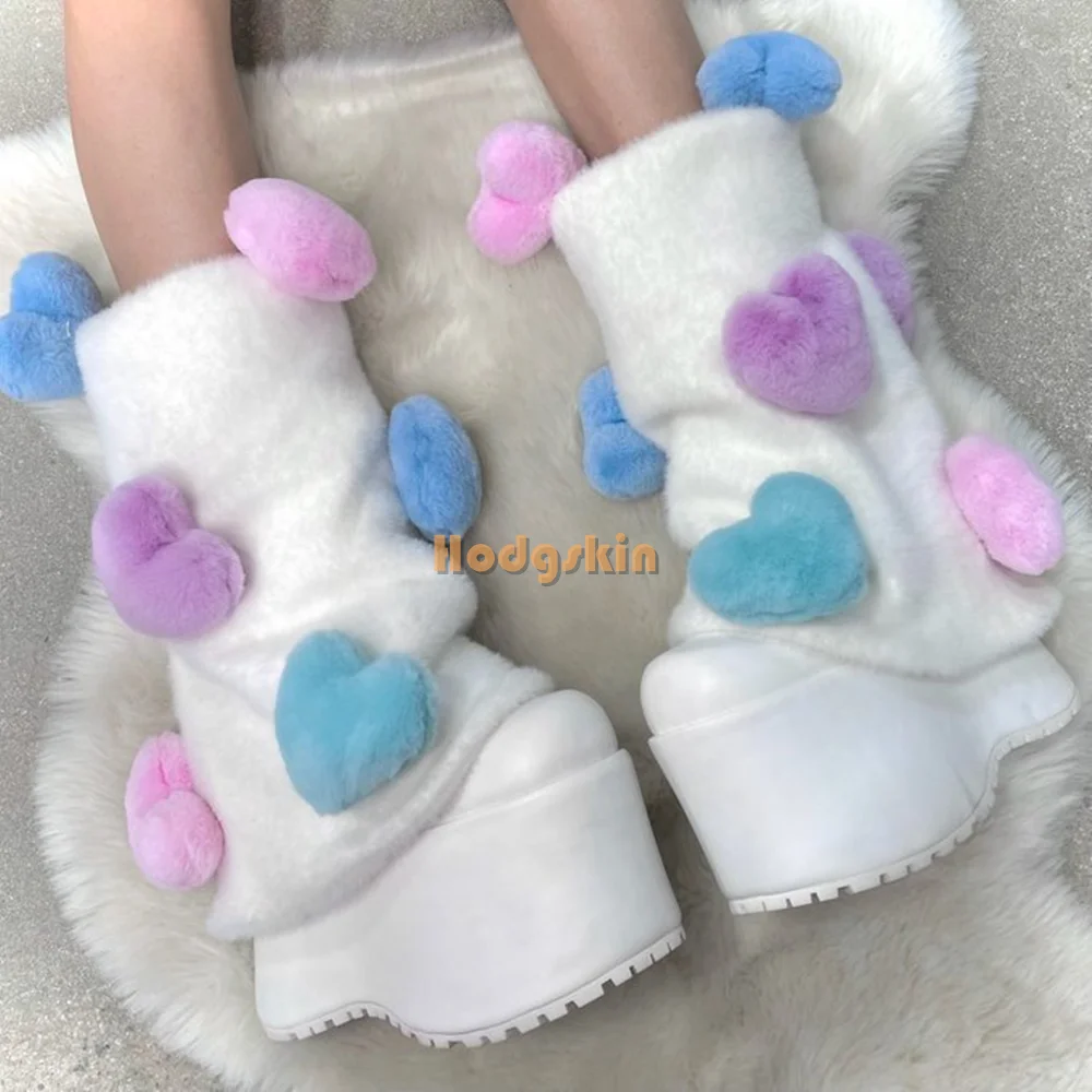 Heart-shaped Furry Platform Boots Cute Faux Fur Solid Round Toe Mid-calf Boots Slip-on 2025 Women New Winter Fashion Shoes