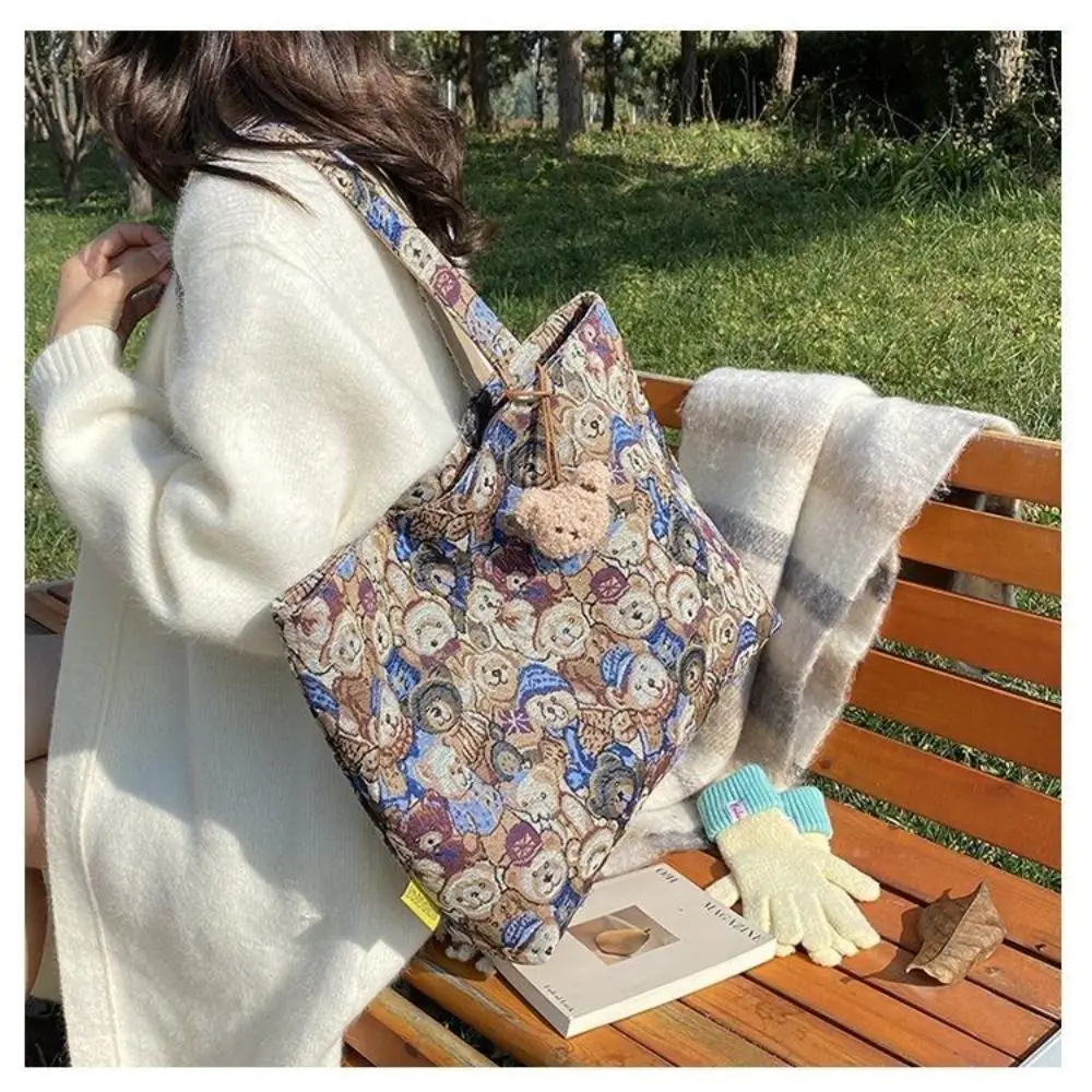 New Portable Handbag Cartoon Bear Pattern Large Capacity Shoulder Bag Casual Tote Bag