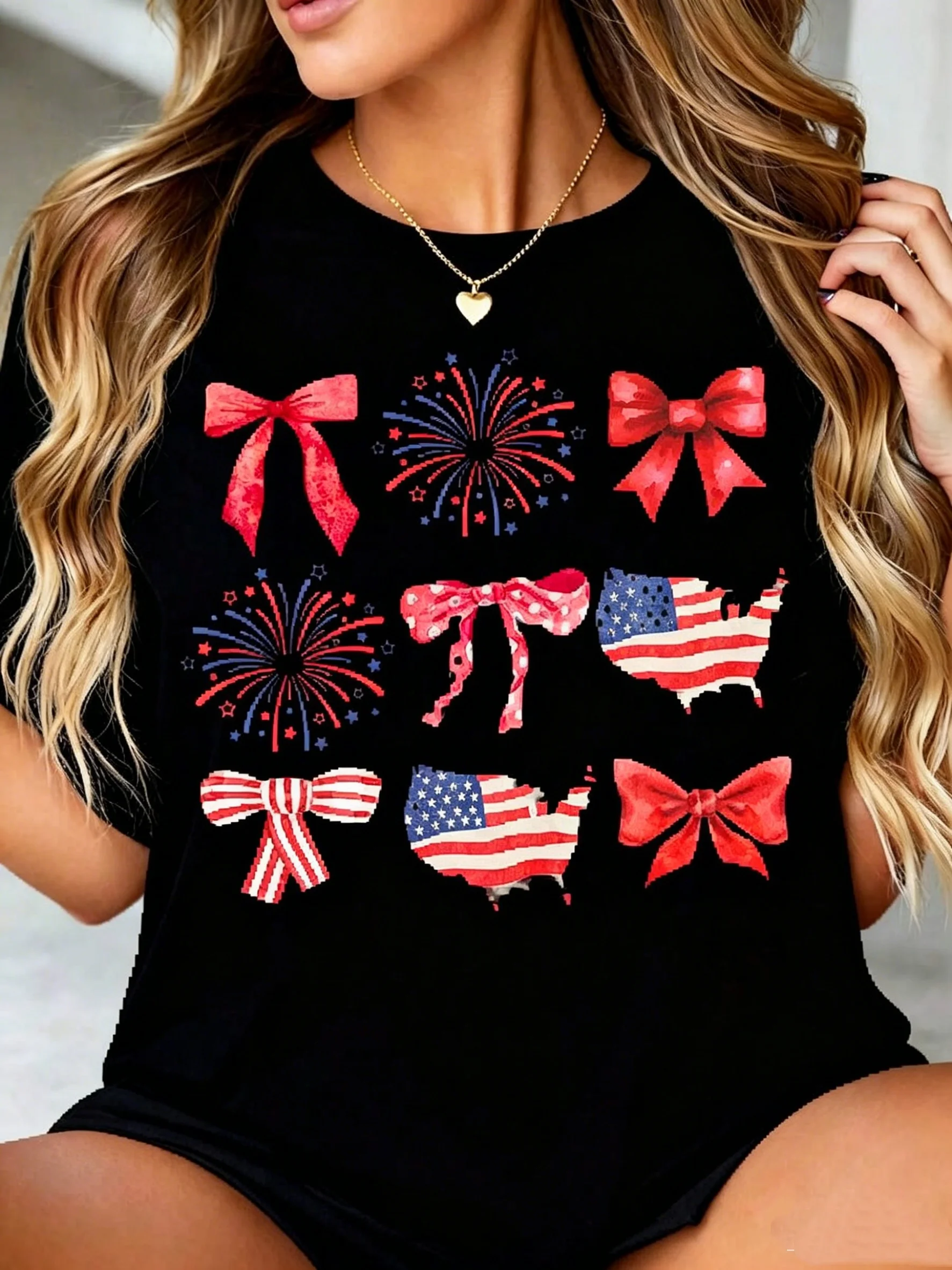 Women's Patriotic 4th Of July T-Shirt With American Flag, Fireworks, And Red Bow Print - Women's Casual Loose Fit Top For Independence Day Celebration,Casual Fashion Short-Sleeve Tee
