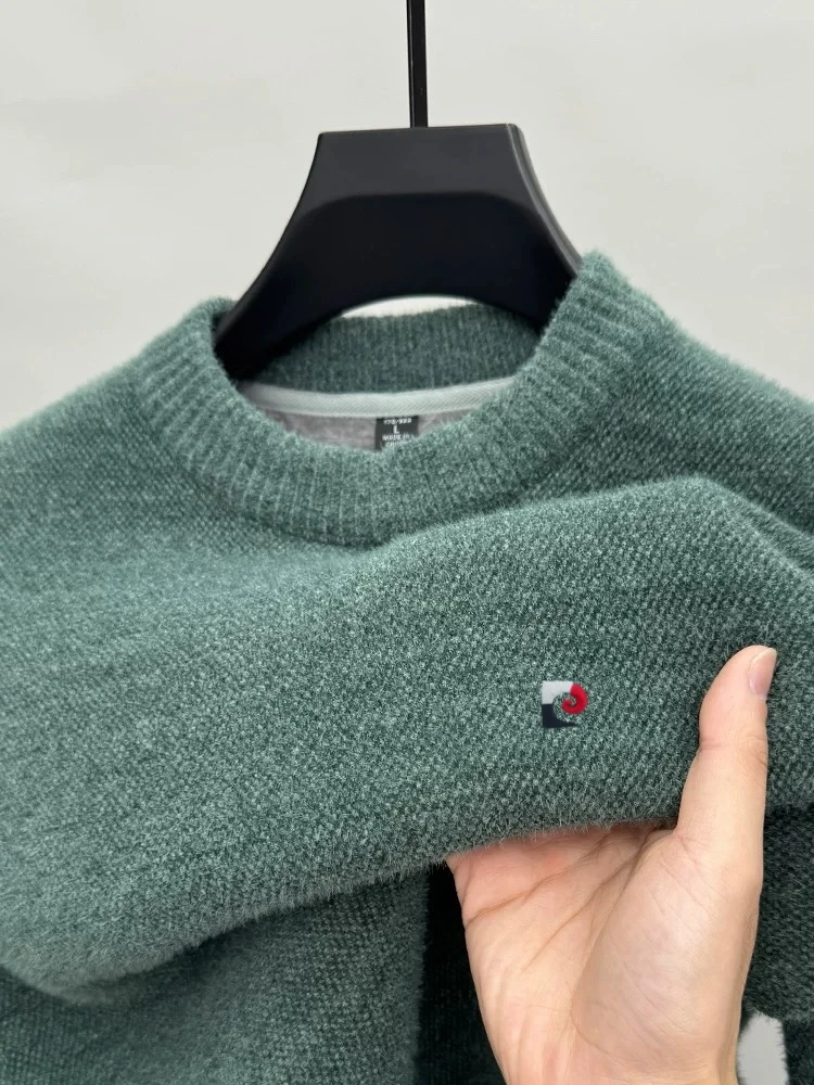 Light luxury men's fashion sweater knitted round neck high-end brand embroidery autumn winter plush warm comfort casual pullover