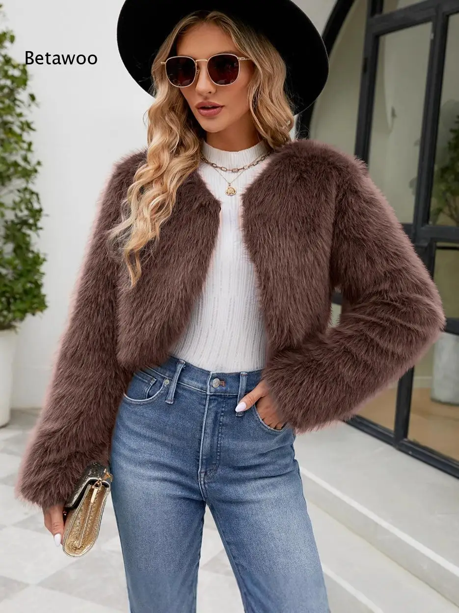 Oversized Fluffy Faux Fur Crop Coat Crew Neck Open Front Loose Long Sleeve Plush Short Outerwear Versatile Winter Jacket