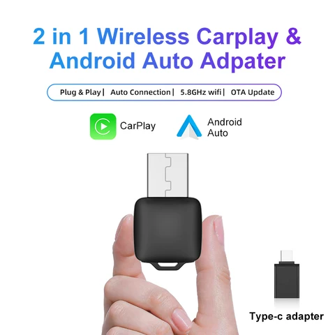 Беспроводной Адаптер CarPlay/Android Auto Wi-Fi 5 ГГц USB/Type-C, Plug And Play, Совместимый С 99% Проводных Автомобилей
