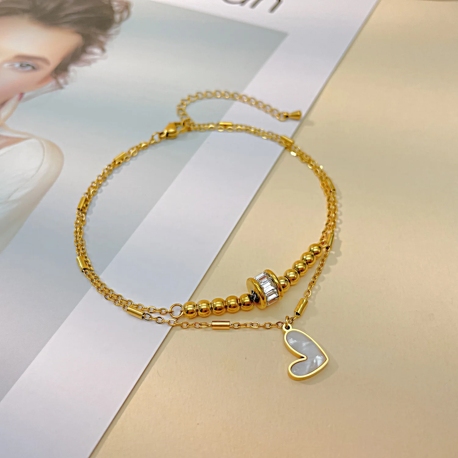 316L Stainless Steel New Fashion Jewelry 2-Layer Zircon Beaded Natural Shell Love Heart Charm Chain Anklet For Women Tobilleras