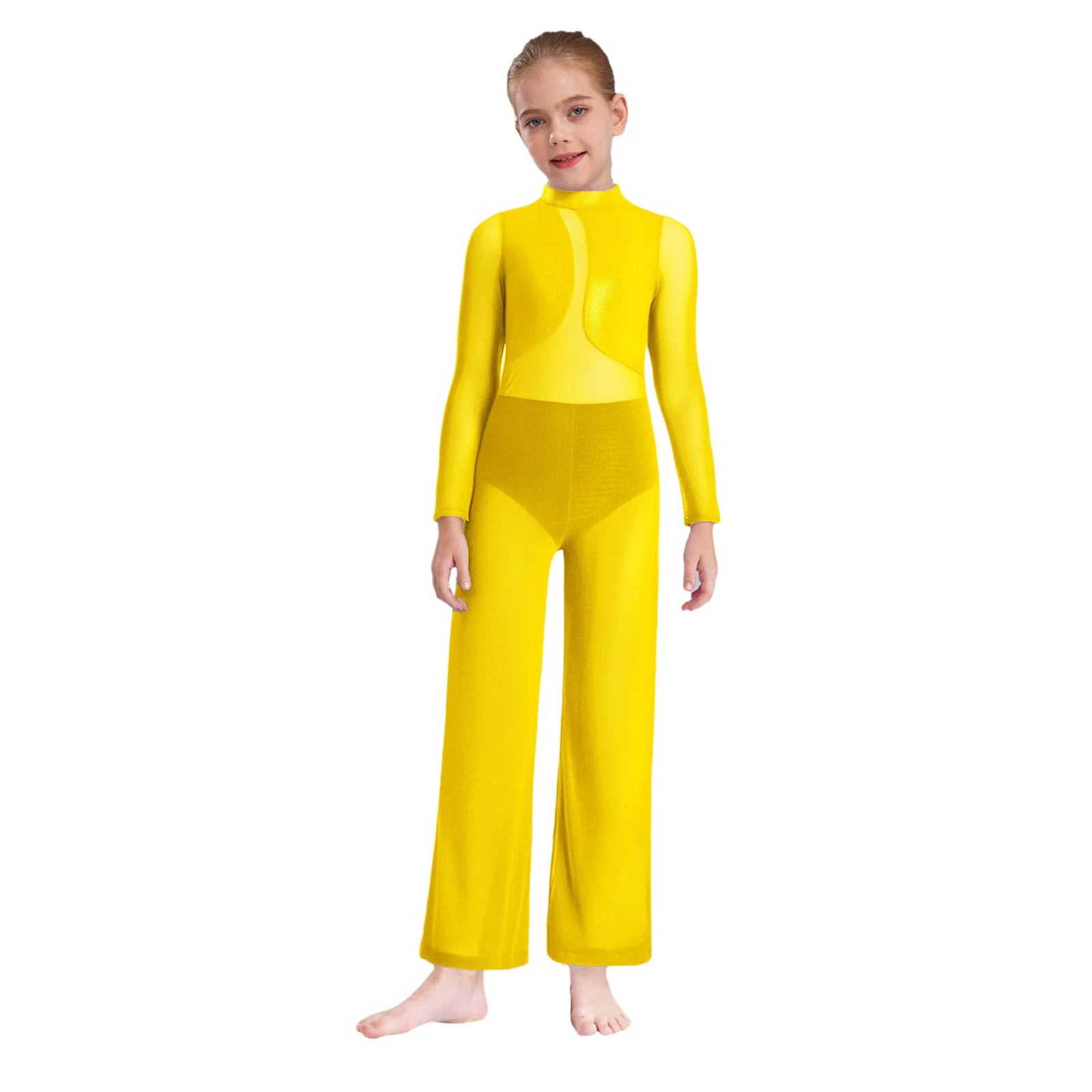 Kids Girls Latin Jazz Dance Jumpsuit Rompers Sheer Mesh Wide-Leg Long Pants Bodysuit Ballroom Figure Skating Performance Costume